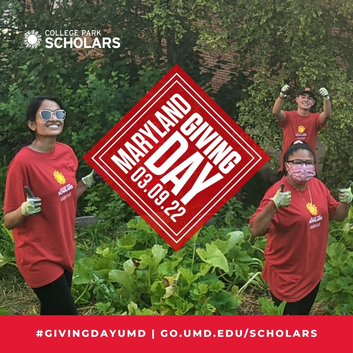Giving Day graphic with photo of students posing with their thumbs up and Giving Day URL, go.umd.edu/Scholars