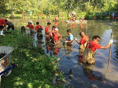 College students standing in a pond and scooping weeds