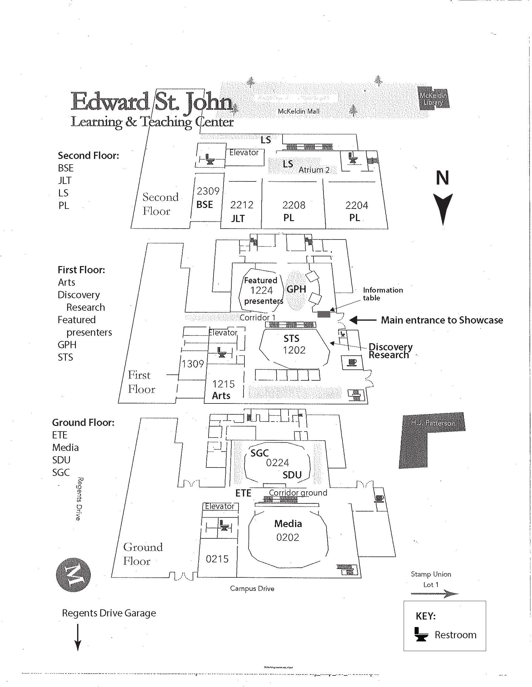 Map of three floors of Edward St. John, which Academic Showcase room assignments