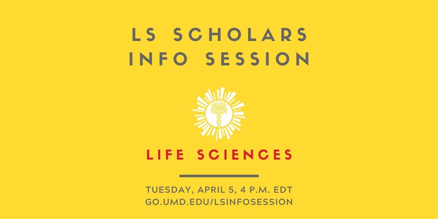 Graphic is bright yellow and shows the Life Sciences Scholars logo, with the words “LS Scholars Info Session, Tuesday, April 5, 4 p.m. EDT" written on it