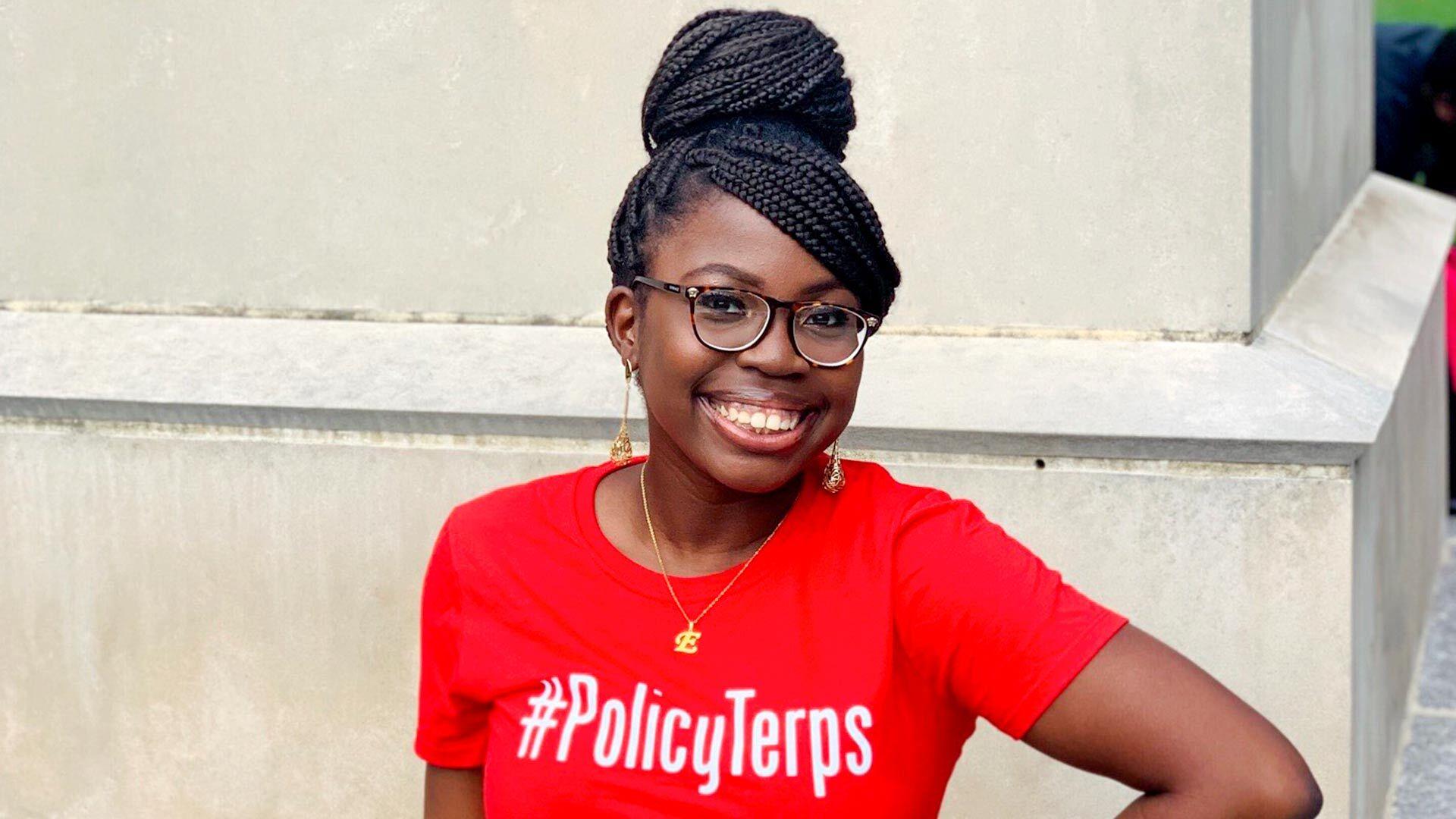 Ewa wears policy terps shirt