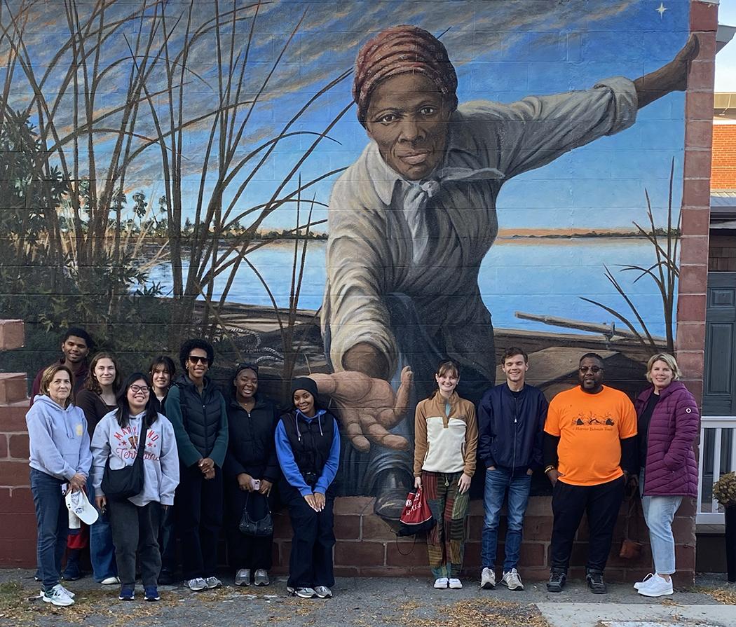 students standing in front of harriet tubman mural, cambridge md